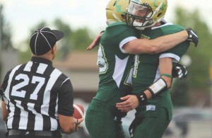 Airdrie Irish receiver James Balsdon and quarterback Jordan Groves celebrated a fourth-quarter touchdown during the Irish’s first win of the 2016 season when it knocked off the visiting Calgary Wolfpack 34-20 at Ed Eggerer Athletic Park June 19.
Andrew Halipchuk/Rocky View Publishing