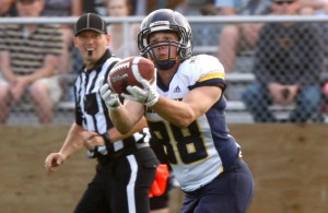 Jordon Fersch, of the Grande Prairie Drillers, makes a catch and runs the ball into the endzone for a touchdown against the Lloydminster Vandals, in Alberta Football League action on Saturday June 25, 2016 at Legion Field in Grande Prairie, Alta. Logan Clow/Grande Prairie Daily Herald-Tribune/Postmedia Network