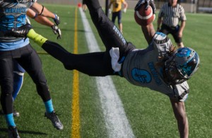 Fort McMurray Monarchs running back Melvin Abankwah dives into the end zone to score a touchdown against the Grande Prairie Drillers during Alberta Football League action at Shell Place in Fort McMurray Alta. on Saturday June 18, 2016. The Monarchs defeated the Drillers 79-3 Saturday night in their first game back in Fort McMurray since being displaced due to May's wildfires. Robert Murray/Fort McMurray Today/Postmedia Network