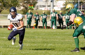 Symon Pfau, of the Grande Prairie Drillers, finds an opening to run the ball up field against the Airdrie Irish, in Alberta Football League play on Saturday at Legion Field. The Drillers won 16-10. Logan Clow/Grande Prairie Daily Herald-Tribune/Postmedia Network