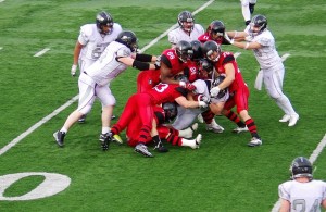 The Central Alberta Buccaneers secured first place in the Alberta Football League following a 43-32 victory over the Calgary Gators at Shouldice Fields on Saturday, July 16, 2016, in Calgary, Alta.